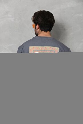 Unisex Bisiklet Yaka Baskılı Oversize T-Shirt - Siyah