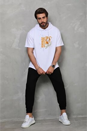 Moda Shop & Butik Unisex Kapşonlu Kısa Kol Oversize Baskılı T-shirt - Beyaz