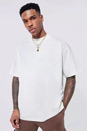 Unisex Basic Bisiklet Yaka Oversize T-shirt - Beyaz