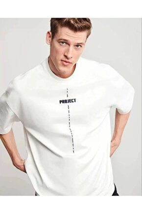 Unisex Bisiklet Yaka Baskılı Oversize T-Shirt - Beyaz
