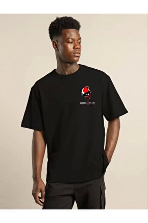 Unisex Bisiklet Yaka Baskılı Oversize T-Shirt - Siyah