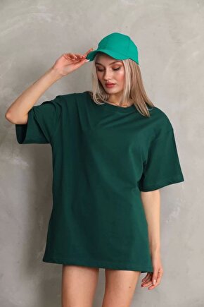Unisex Bisiklet Yaka 201 Düz Oversize T-Shirt - Yeşil