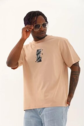 Moda Shop & Butik Unisex Oversize Baskılı Bisiklet Yaka T-shirt - Bej
