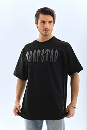 Moda Shop & Butik Unisex Oversize Taşlı Bisiklet Yaka T-shirt - Siyah