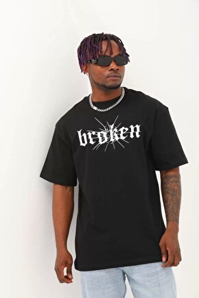 Unisex Bisiklet Yaka Baskılı Oversize T-Shirt - Beyaz