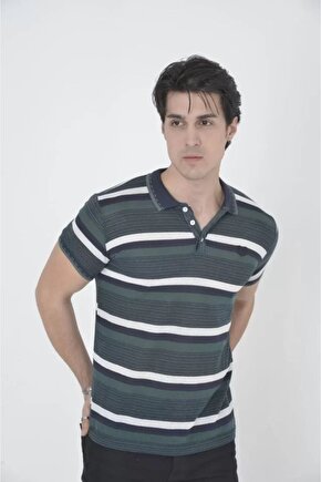 Moda Shop & Butik Erkek Yakalı Slim Fit Dokuma Çizgili T-shirt - Haki