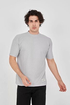 Unisex Waffle Kumaş Rahat Kol T-shirt - Boyalı Gri