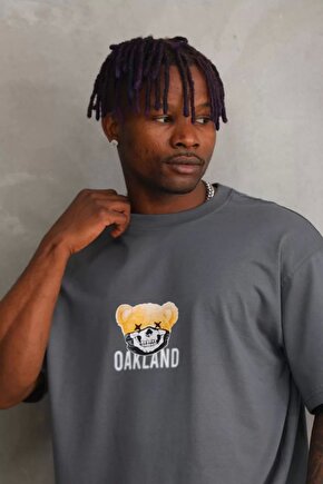 Unisex Baskılı Oversize T-shirt - Füme