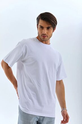 Moda Shop & Butik Unisex Oversize Düz Bisiklet Yaka T-shirt - Beyaz