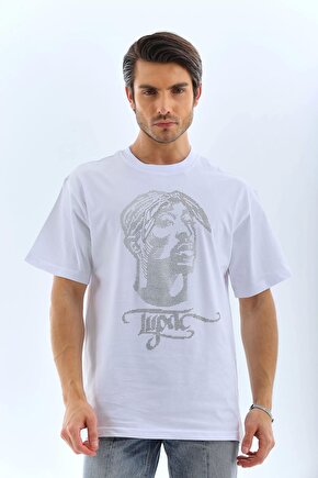 Unisex Oversize Taşlı Bisiklet Yaka T-shirt - Beyaz