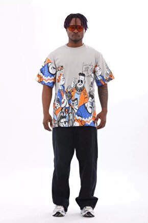 Unisex Oversize Baskılı Bisiklet Yaka T-Shirt - Gri