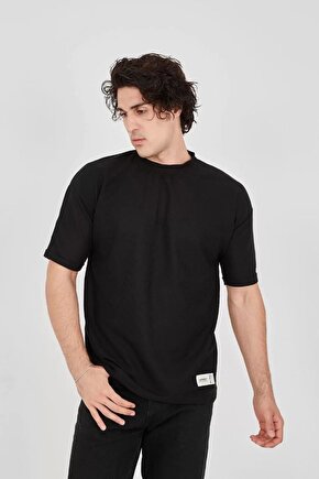 Unisex Waffle Kumaş Rahat Kol T-shirt - Siyah
