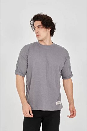 Moda Shop & Butik Unisex Jakar Kumaş Rahat Kol T-shirt - Gri