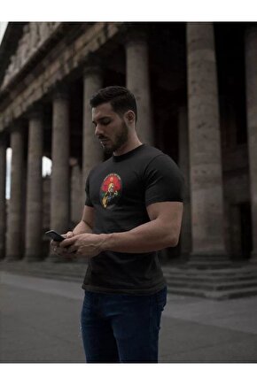 Unisex Bisiklet Yaka Baskılı Oversize T-Shirt - Siyah