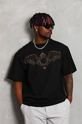 Moda Shop & Butik Unisex Oversize Taşlı Bisiklet Yaka T-shirt - Siyah