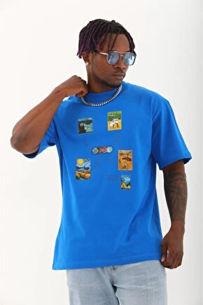 Mottisfashion Unisex Oversize Baskılı Bisiklet Yaka T-shirt - Mavi