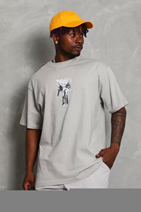 Unisex Oversize Baskılı Bisiklet Yaka T-Shirt - Beyaz