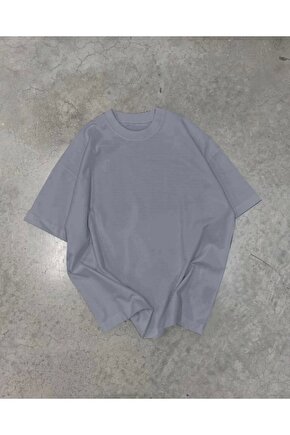 Unisex Basic Bisiklet Yaka Oversize T-Shirt - Füme