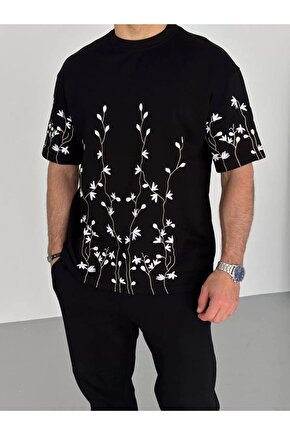Unisex Nakış İşlemeli T-Shirt - Siyah