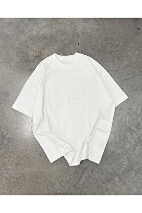 Unisex Basic Bisiklet Yaka Oversize T-Shirt - Beyaz