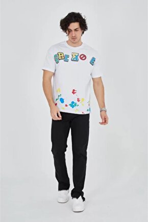 Mottisfashion Erkek Baskılı Penye T-shirt - Beyaz