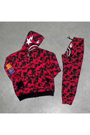 Unisex Pubg Bape x Shark Eşofman Takımı - Kırmızı