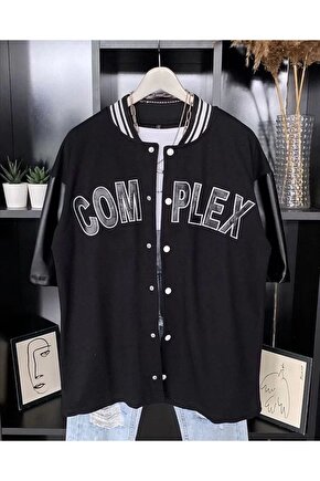 Erkek Complex Kolları Deri Kolej Oversize T-shirt - Siyah
