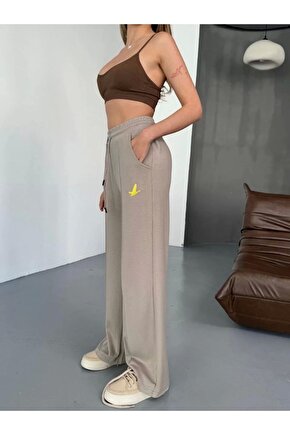 Osy Modal Yumuşak Dokulu Kumaş Nakış Işlemeli Rahat Bol Paça Eşofman Pantalon - Bej