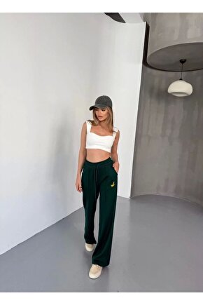 Osy Modal Yumuşak Dokulu Kumaş Nakış işlemeli Rahat Bol Paça Eşofman Pantalon - Yeşil