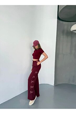 Osy Modal Yumuşak Dokulu Kumaş Nakış Işlemeli Rahat Bol Paça Eşofman Pantalon - Bordo
