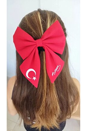 TÜRK Bayrağı ve Atatürk imza Motifli Fiyonk Toka - Kırmızı