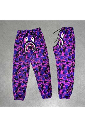 İki Iplik Mevsimlik Bape Nakişli Eşofman Pantolon - Mor