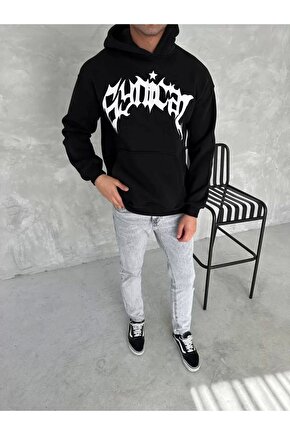 Unisex Üç İplik Kapüşonlu Baskılı SweatShirt - Siyah