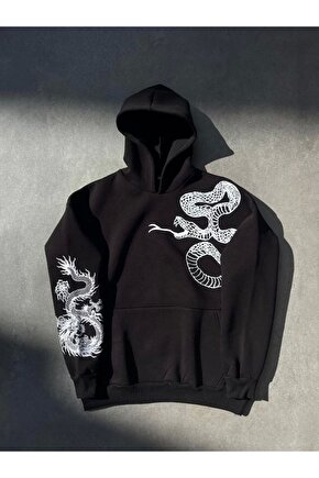 Uzun Kol Kapüşonlu Baskılı SweatShirt - Siyah