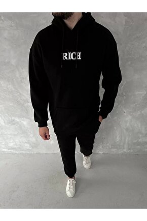 Uzun Kol Kapüşonlu Göğüs Baskılı SweatShirt - Siyah
