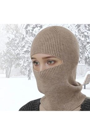 Kışlık Kar Maske Dokuma Triko Bere - Kahverengi