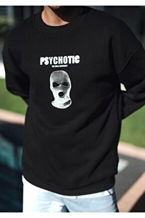 Kışlık Bisiklet Yaka Baskılı SweatShirt - Siyah