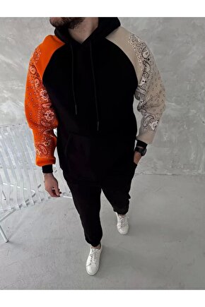 Üç İplik Penye Kapşonlu Parçalı SweatShirt - Siyah