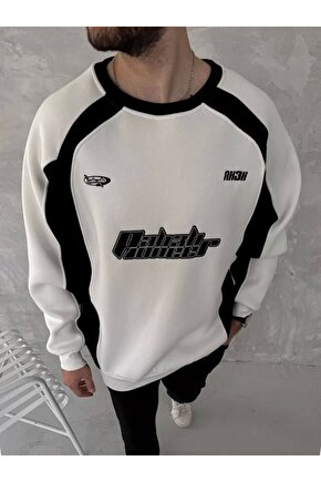 Kışlık Nakış İşlemeli Bisiklet Yaka Parçalı SweatShirt - Beyaz