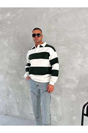 Unisex Üç İplik Parçalı Yakalı SweatShirt - Yeşil