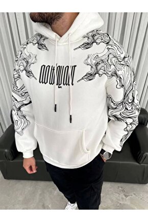 Kapşonlu Üç İplik Baskılı SweatShirt - Beyaz