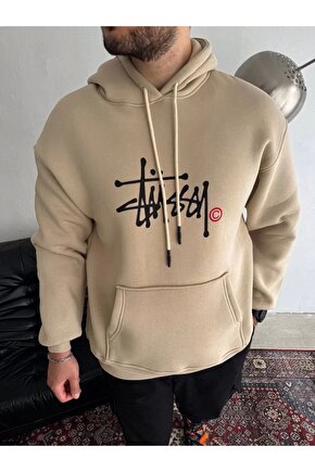Üç İplik Kapşonlu Baskılı SweatShirt - Bej