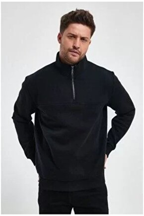 Oversize Yarım Farmuarlı Yakalı Basic SweatShirt - Siyah