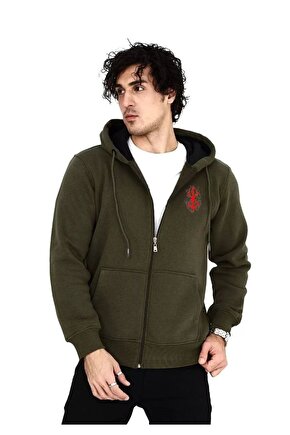 Unisex Baskılı Tam Fermuarlı Kapşonlu SweatShirt - Haki