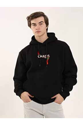 Gelirr Unisex Baskılı Oversize Üç Iplik Kapüşonlu Sweatshirt - Siyah