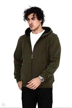 Unisex Tam Fermuarlı Kapşonlu Sweatshirt - Haki