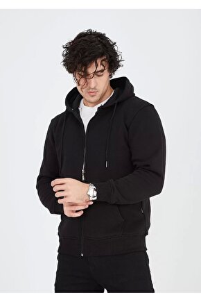 Unisex Tam Fermuarlı Kapşonlu Sweatshirt - Siyah