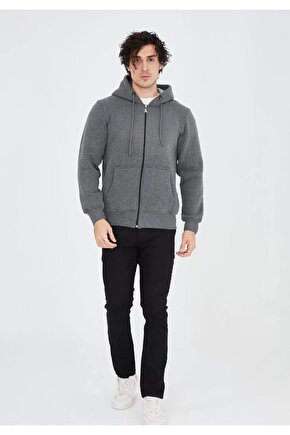 Unisex Tam Fermuarlı Kapşonlu Sweatshirt - Füme
