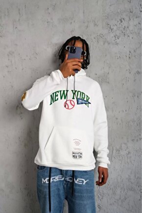 Erkek Baskılı Kapüşonlu Sweatshirt - Beyaz