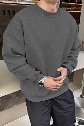 Erkek Yarım Fermuarlı Baskılı Sweat - Boyalı Gri